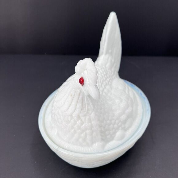 Antique Milk Glass Large Nesting Chicken Hen on Basket Covered Dish - Picture 2 of 13